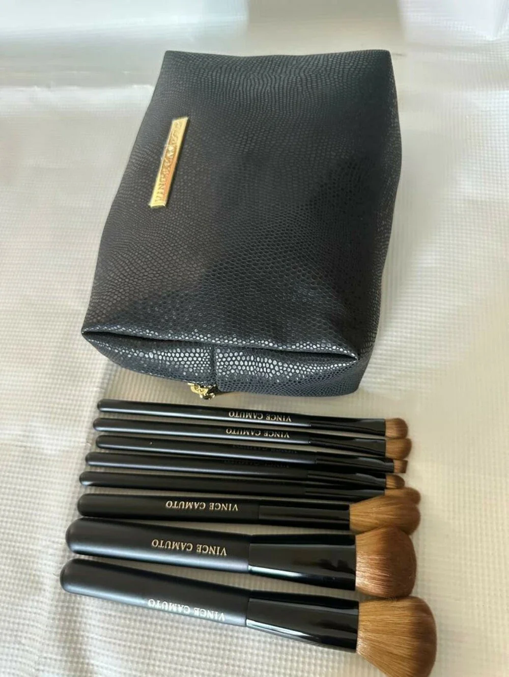 Vince Camuto Makeup Brush Set Featuring a Textured Black Cosmetic Bag